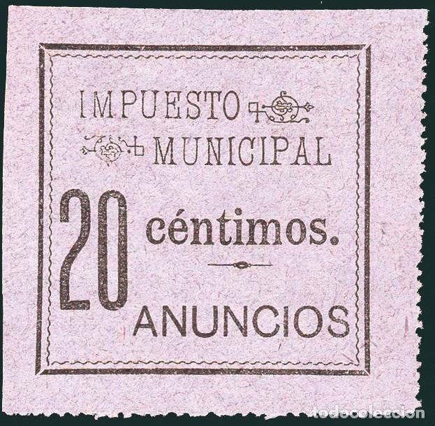 Sellos: Espa&ntilde;a - Fiscales Municipales - Madrid - &rdquo;Impuesto Municipal - 20 c&eacute;ntimos - Anuncios&rdquo; lila