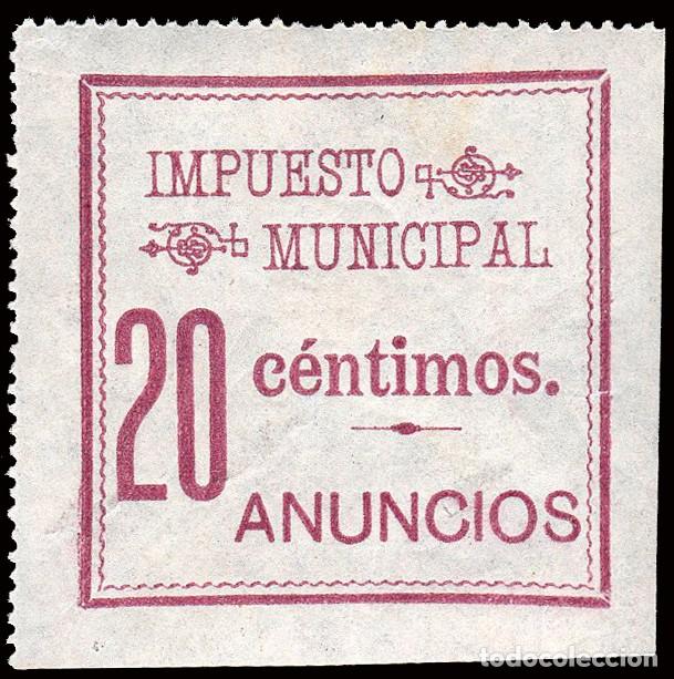 Sellos: Espa&ntilde;a - Fiscales Municipales - Madrid - &rdquo;Impuesto Municipal - 20 c&eacute;ntimos - Anuncios&rdquo; violeta