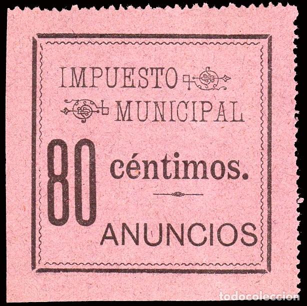 Sellos: Espa&ntilde;a - Fiscales Municipales - Madrid - &rdquo;Impuesto Municipal - 80 c&eacute;ntimos - Anuncios&rdquo; lila
