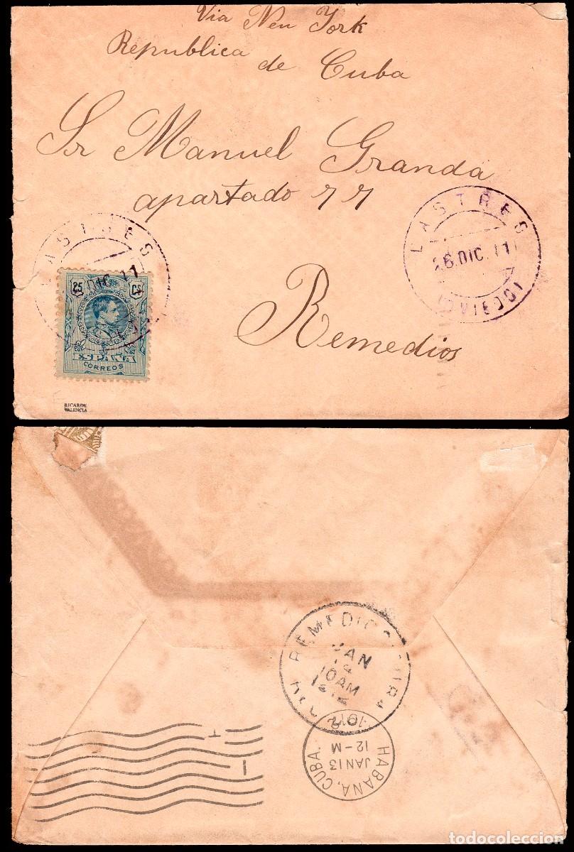 Sellos: Asturias - Edi o 274 - Sobre Mat violeta &rdquo;Lastres 26/Dic./11&rdquo; + tr&aacute;nsito en La Habana a Remedios