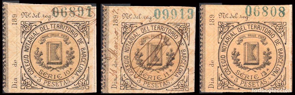 Sellos: Espa&ntilde;a - Fiscales - Siglo XIX - Abogados - 3 valores Barcelona &rdquo;Pro Colegio Notarial - 3 Ptas&rdquo;