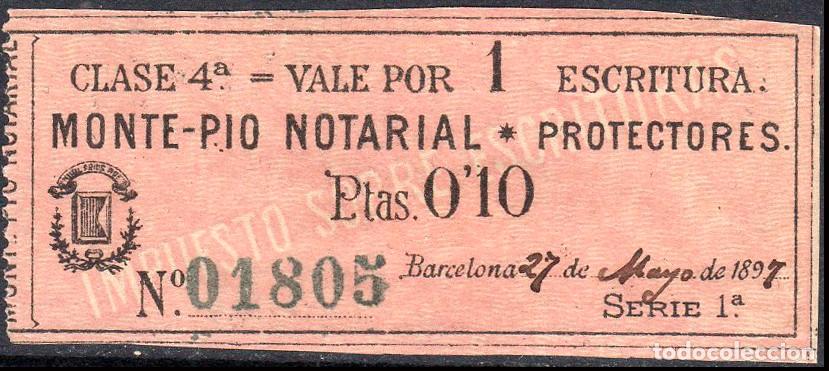Sellos: Espa&ntilde;a - Fiscales - Siglo XIX - Abogados - Barcelona &rdquo;Pro Montepio Notarial - 0,10 Ptas&rdquo; (salm&oacute;n)
