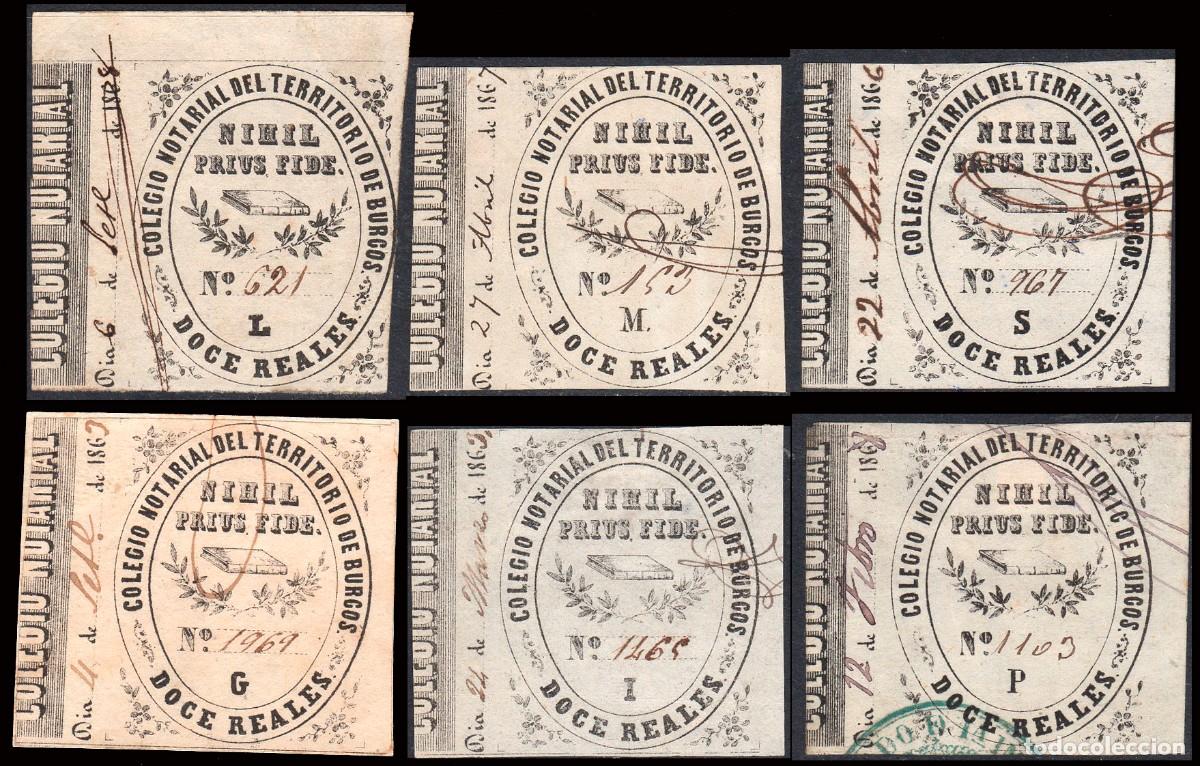 Sellos: Espa&ntilde;a - Fiscales - Siglo XIX - Abogados - 6 valores Burgos &rdquo;Pro Colegio Notarial - 12 reales&rdquo;