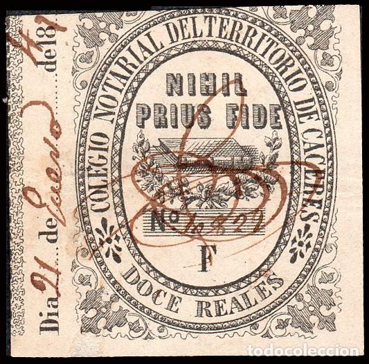Sellos: Espa&ntilde;a - Fiscales - Siglo XIX - Abogados - C&aacute;ceres &rdquo;Pro Colegio Notarial - 12 reales&rdquo;