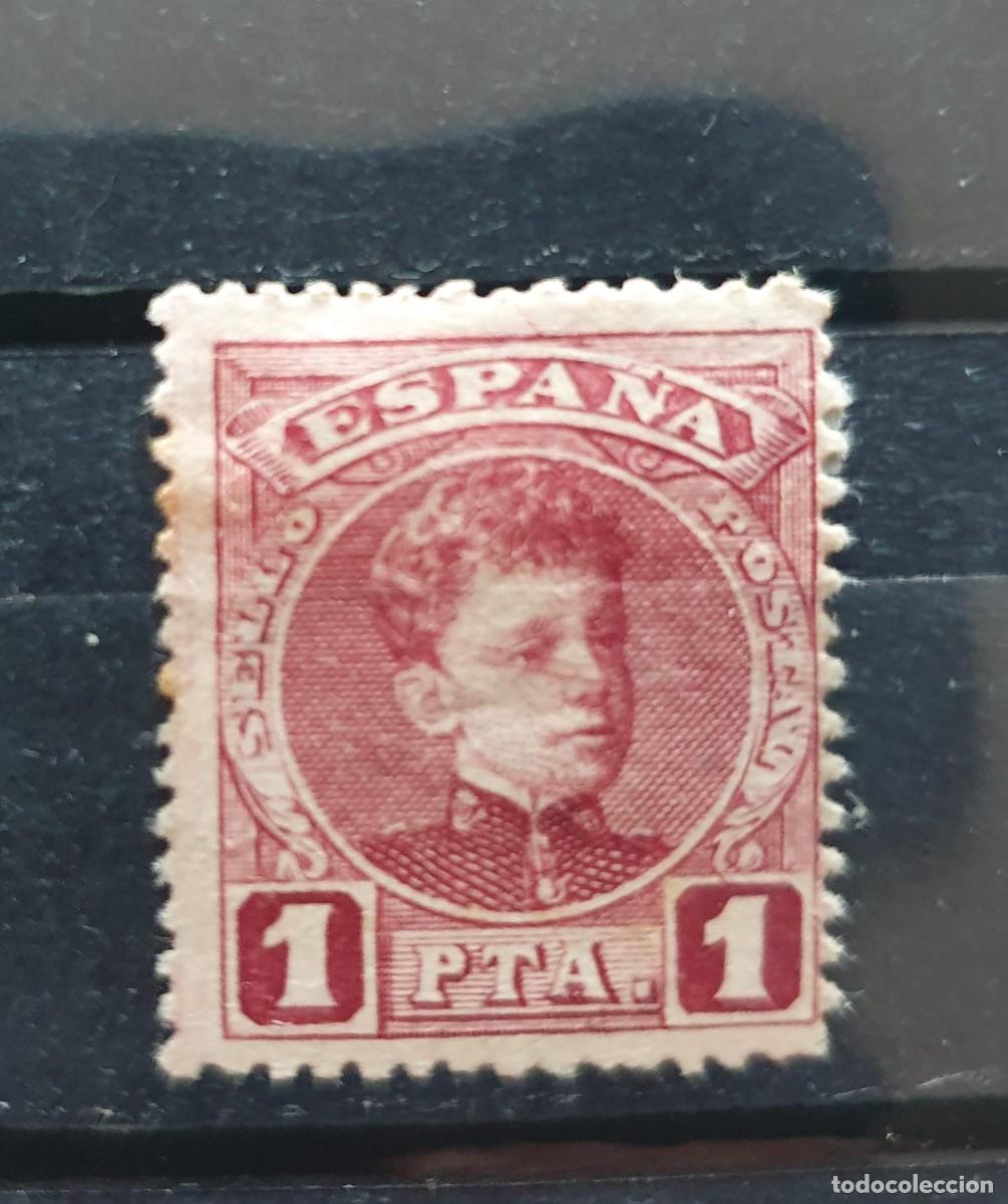 Sellos: EDIFIL 253 * ALFONSO XIII CADETE 1 PESETA CARMIN ESPA&Ntilde;A 1901