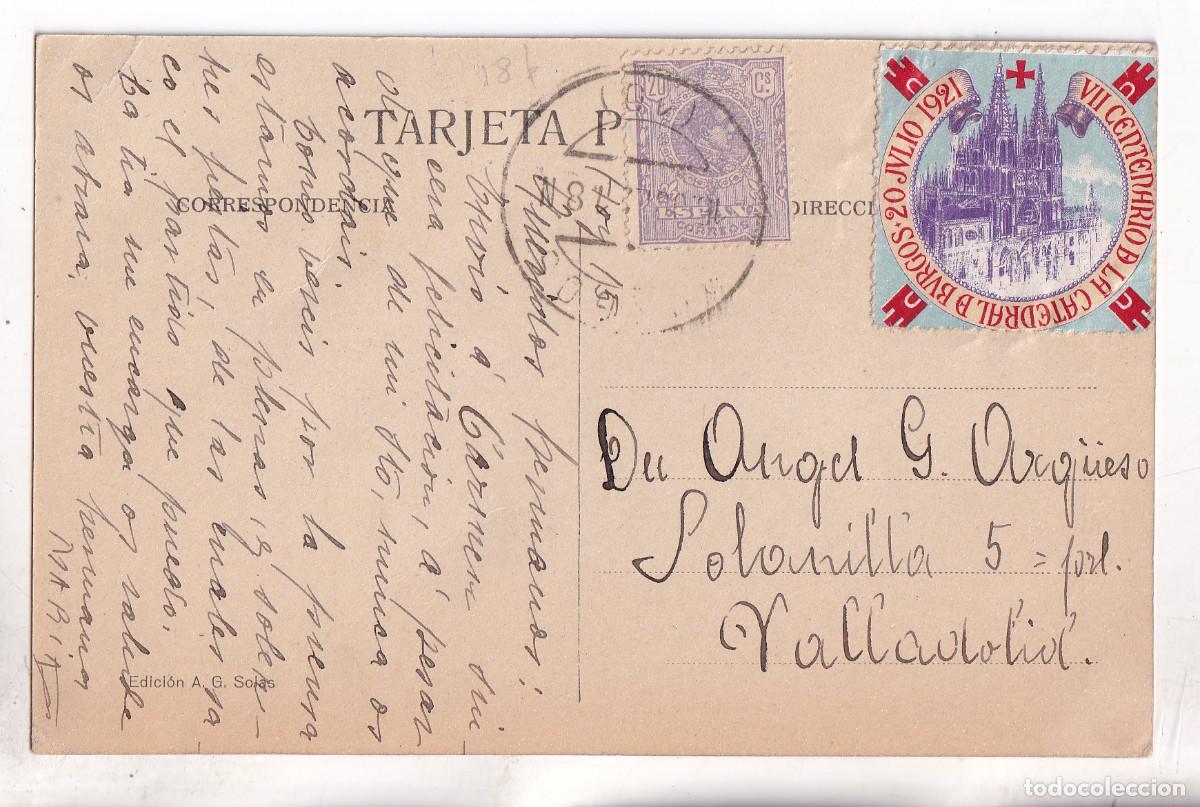 Sellos: POSTAL. BURGOS. 1921. A VALLADOLID. RARA VI&Ntilde;ETA CATEDRAL DE BURGOS