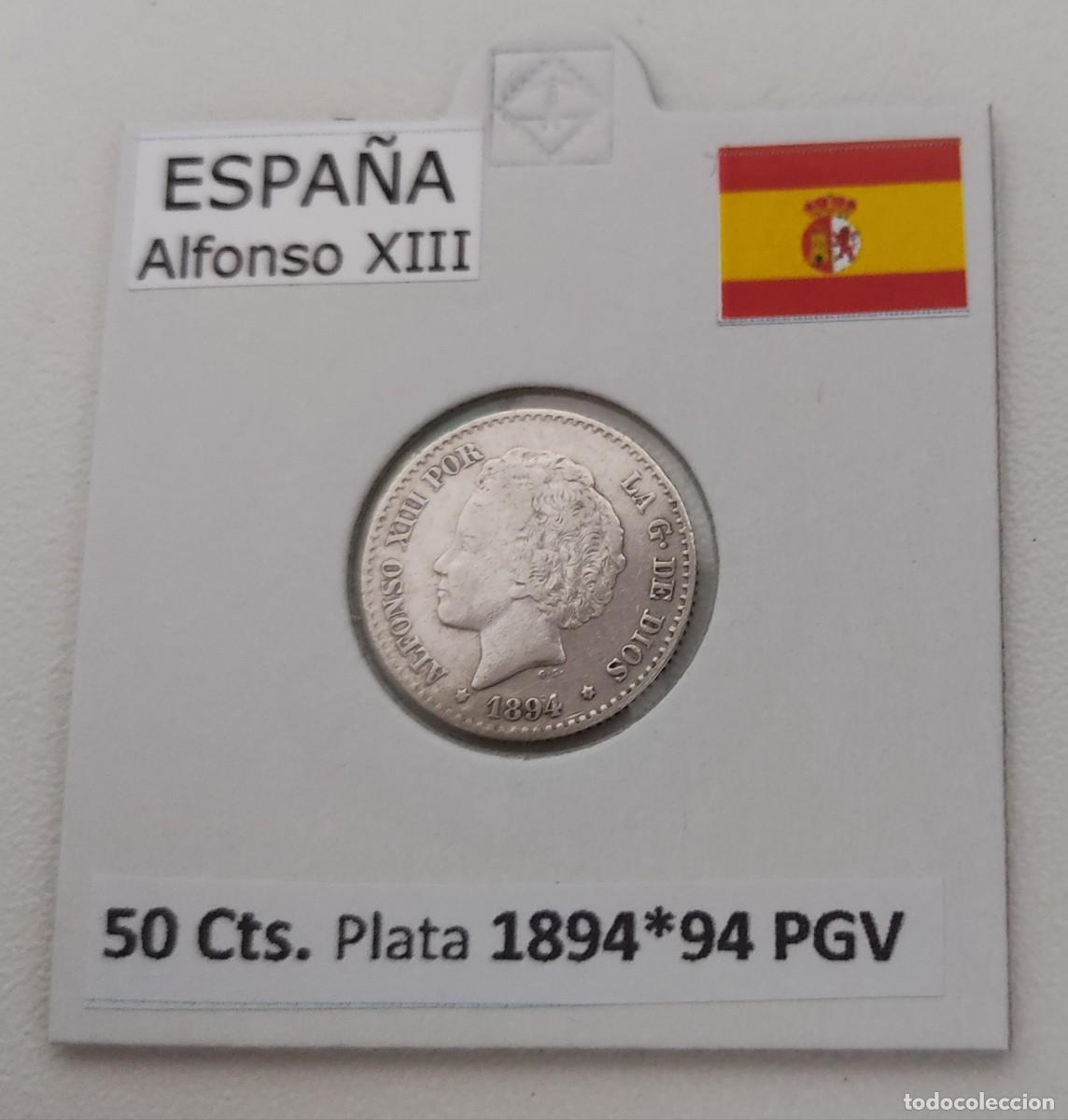 Sellos: 50 CENTIMOS ALFONSO XIII A&Ntilde;O 1894 *. *4 PG.V (Plata). ENCARTONADA