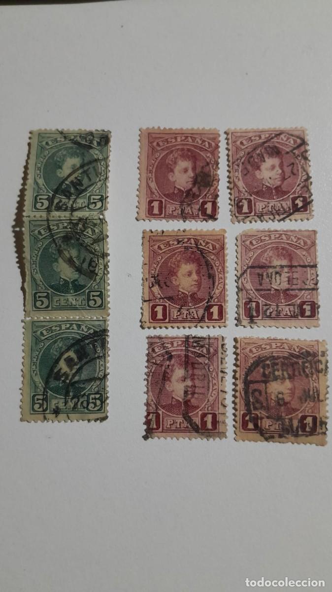 Francobolli: Lote Alfonso XIII &rdquo;Cadete&rdquo; (1901) - 6 Sellos de 1 Peseta Usados + Tira Vertical de 3 de 5 Cts.