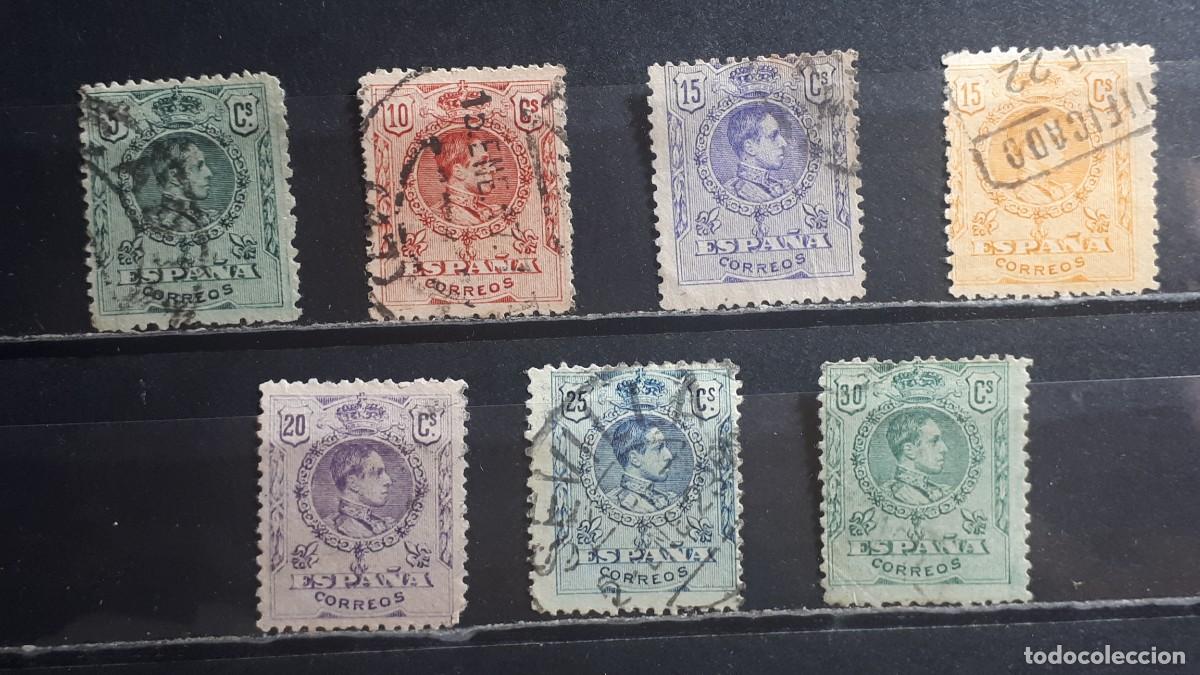 Sellos: ESPA&Ntilde;A. A&Ntilde;O 1909. &deg;. Edifil 268/71, 273/5.