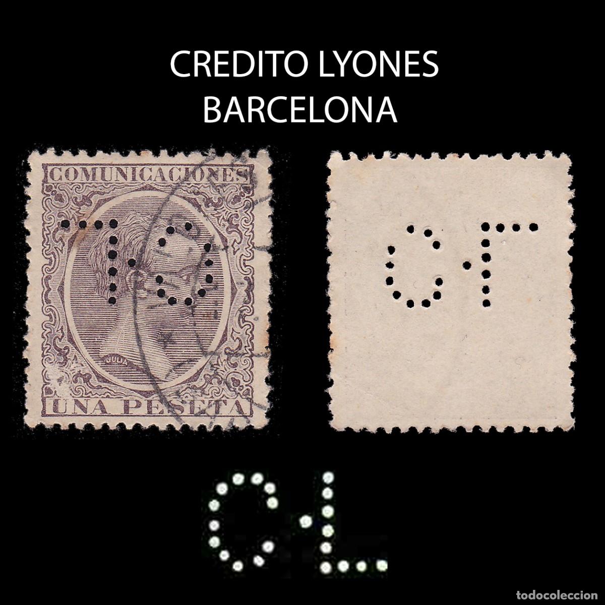 Sellos: .PERFORADO.1889 C. L. CREDITO LYONES. BARCELONA.1p .Edifil.226 + OBSEQUIO