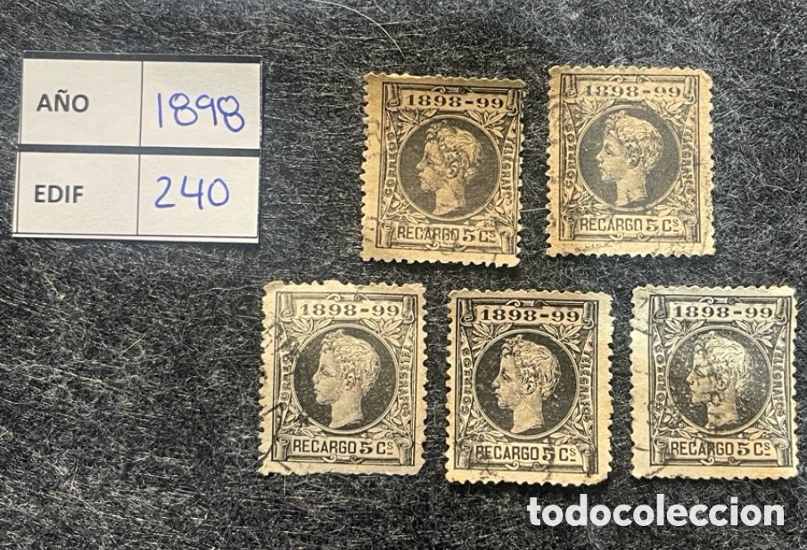 Timbres: Lote sellos Espa&ntilde;a 1897-1899 Alfonso XIII Edifil 233 240 recargo 5 cts varios