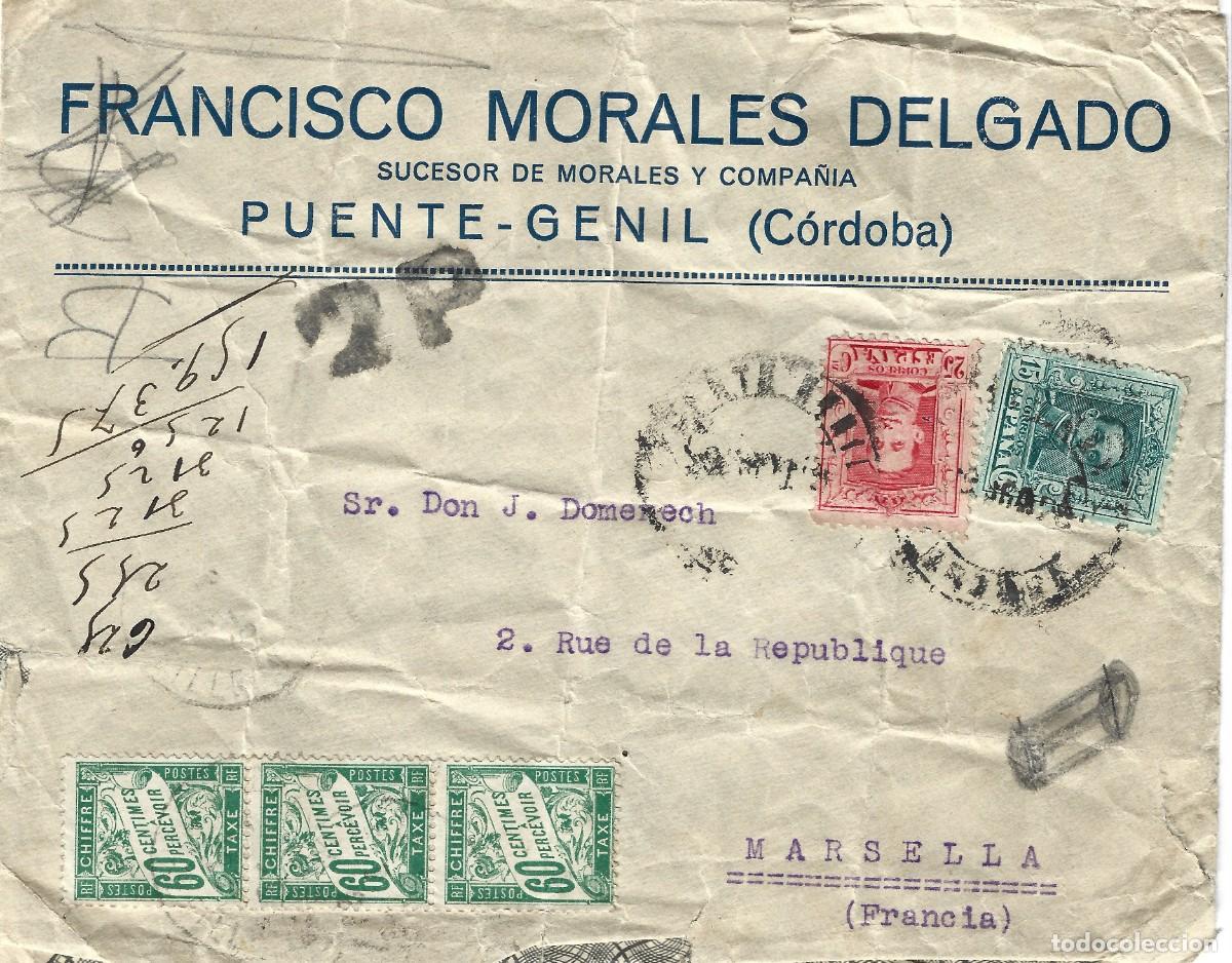 Sellos: 1923ca Carta Puente Genil, C&oacute;rdoba a Francia. Alfonso XIII alt&iacute;sima tasa franqueo insuficiente 1,80f