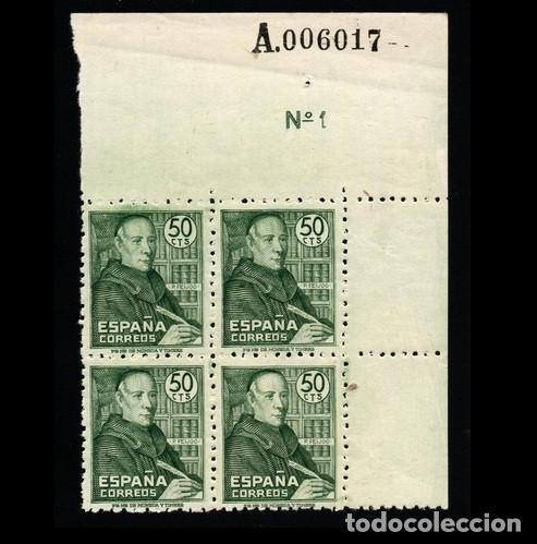 Sellos: Edifil 1011 Bloque de 4 MNH SIN FIJASELLOS nuevo Padre Feijoo Espa&ntilde;a 1947