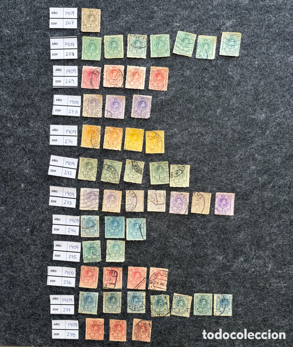 Timbres: Espa&ntilde;a 1909 Alfonso XIII Medall&oacute;n &ndash; Lote 50 sellos usados &ndash; Edifil 267/278