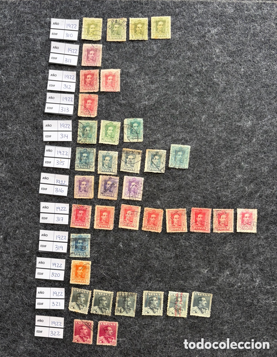 Timbres: Lote de 37 sellos Espa&ntilde;a 1922 Alfonso XIII &ndash; Edifil 310-322 &ndash; Usados
