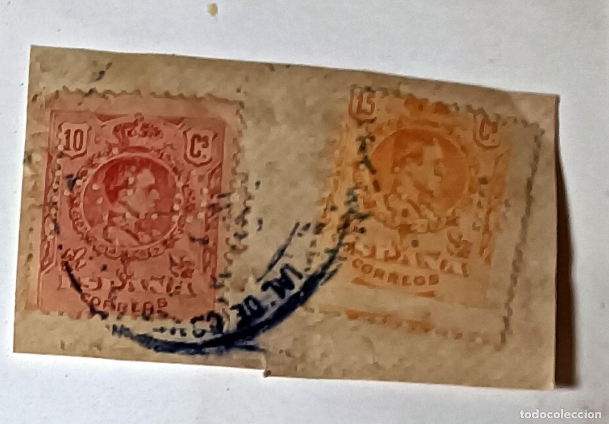 Sellos: FRAGMENTO DE SOBRE CON 2 SELLOS ALFONSO XIII &rdquo;TIPO MEDALL&Oacute;N&rdquo; - ESPA&Ntilde;A CORREOS 10 Y 15 CTS - HACIA 19