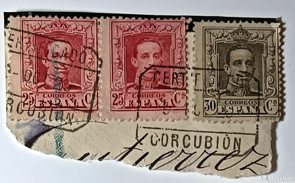 Sellos: FRAGMENTO DE SOBRE CERTIFICADO CON SELLOS DE ALFONSO XIII - MATASELLO DE CORCUBI&Oacute;N (A CORU&Ntilde;A) - 1922