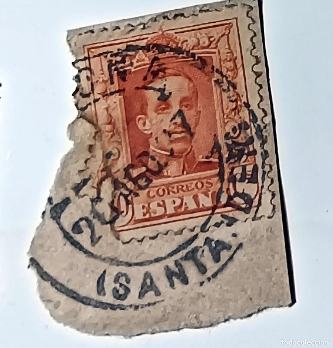 Sellos: FRAGMENTO CON SELLO ALFONSO XIII &rdquo;VAQUER&rdquo; - MATASELLO &rdquo;SANTA...&rdquo; LEGIBLE - A&Ntilde;OS 1922