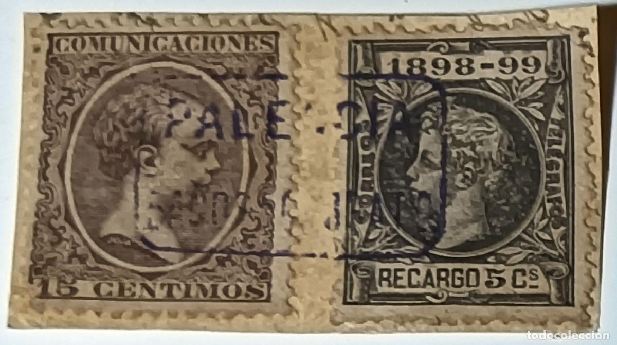 Selos: FRAGMENTO CON DOS SELLOS DE ALFONSO XIII: &rdquo;EL PEL&Oacute;N&rdquo; 15 C&Eacute;NTIMOS E IMPUESTO DE GUERRA 5 C, 1889-1899