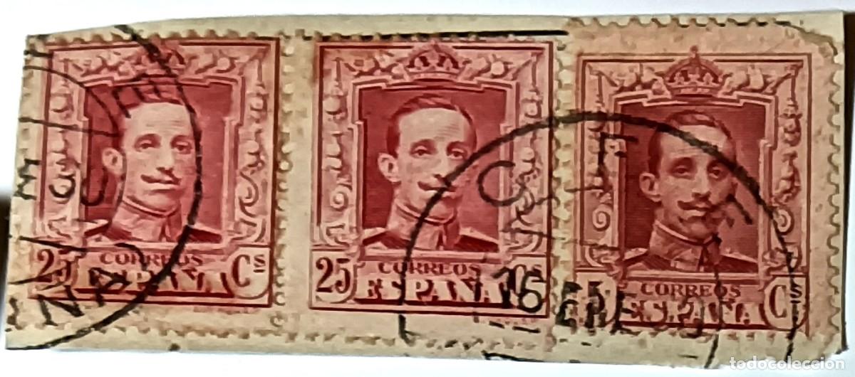 Sellos: TIRA DE TRES SELLOS ESPA&Ntilde;A 25 C&Eacute;NTIMOS &rdquo;ALFONSO XIII - TIPO MEDALL&Oacute;N&rdquo; 1909-1922