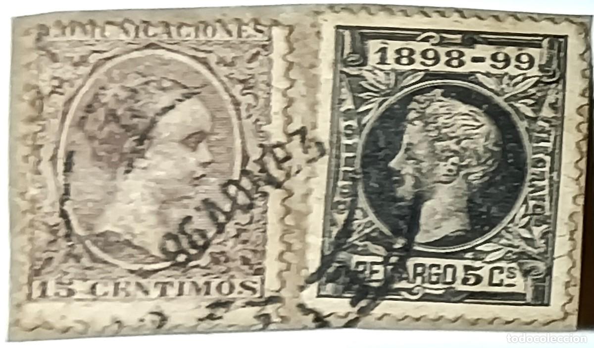 Francobolli: PAREJA HIST&Oacute;RICA: SELLO ALFONSO XIII &rdquo;PEL&Oacute;N&rdquo; 15 C&Eacute;NTIMOS Y SELLO DE RECARGO DE GUERRA - 1898-99