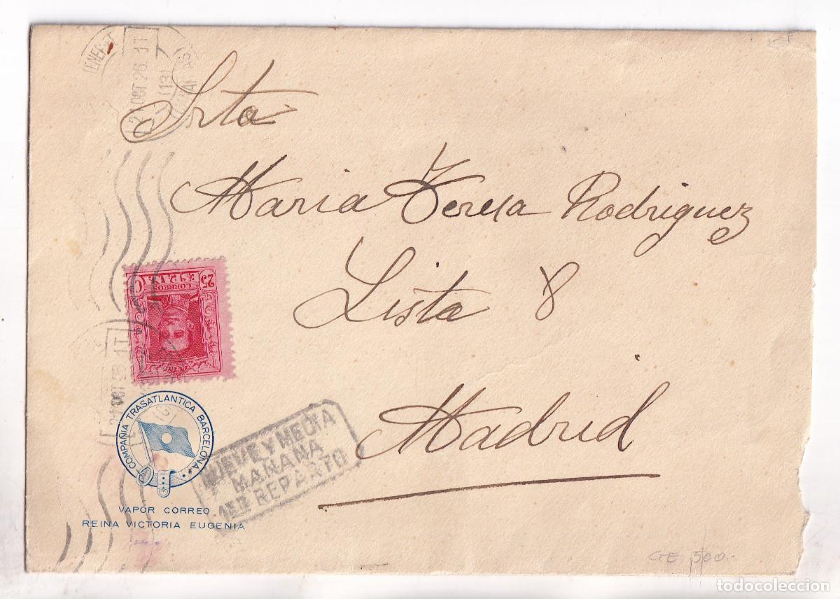 Sellos: SOBRE VAPOR CORREO VICTORIA EUGENIA. TENERIFE. 1926. CANARIAS. A MADRID. REPARTO. RARA