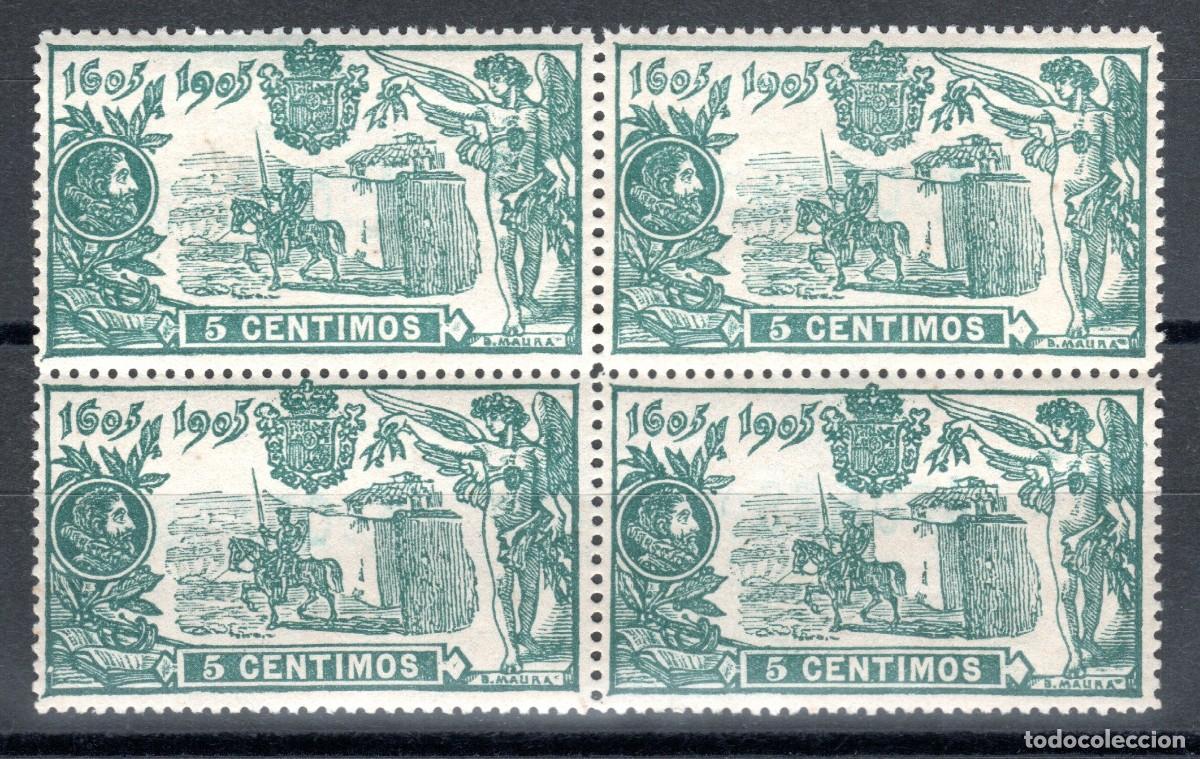 Sellos: EDIFIL 257 III CENTENARIO PUBLICACI&Oacute;N DE EL QUIJOTE 1905 (BLOQUE DE 4). MH * (SALIDA: 0,01 &euro;).