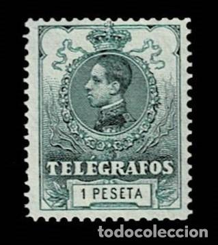 Sellos: Espa&ntilde;a TELEGRAFOS A&ntilde;o 1912 Edifil n&ordm; 52 Valor 1pta VERDE Sin fijasellos VER.