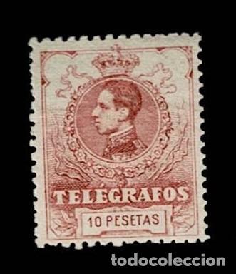 Sellos: Espa&ntilde;a TELEGRAFOS A&ntilde;o 1912 Edifil n&ordm; 54 Valor 10 pts Color CARMIN OSCURO Sin fijasellos VER.