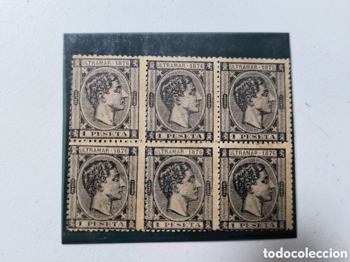 Sellos: Cuba espa&ntilde;ola,bloque 6 sellos 1 peso emision Alfonso XIII,1876.