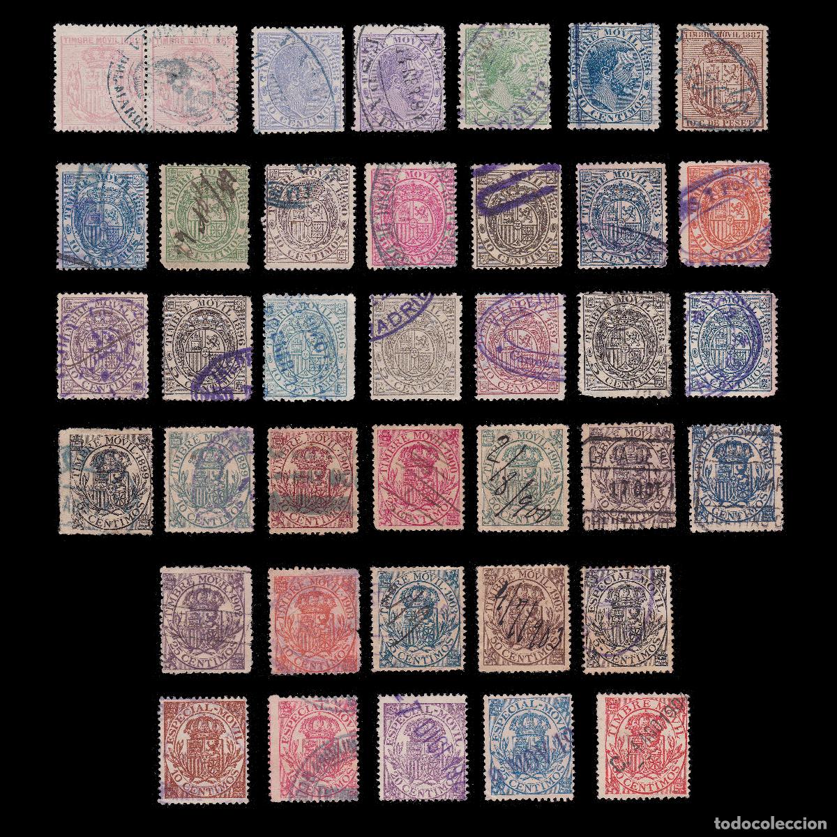 Sellos: Espa&ntilde;a. Fiscales. 1882-1922.Timbre Movil. Lote 37 valores Matasello.