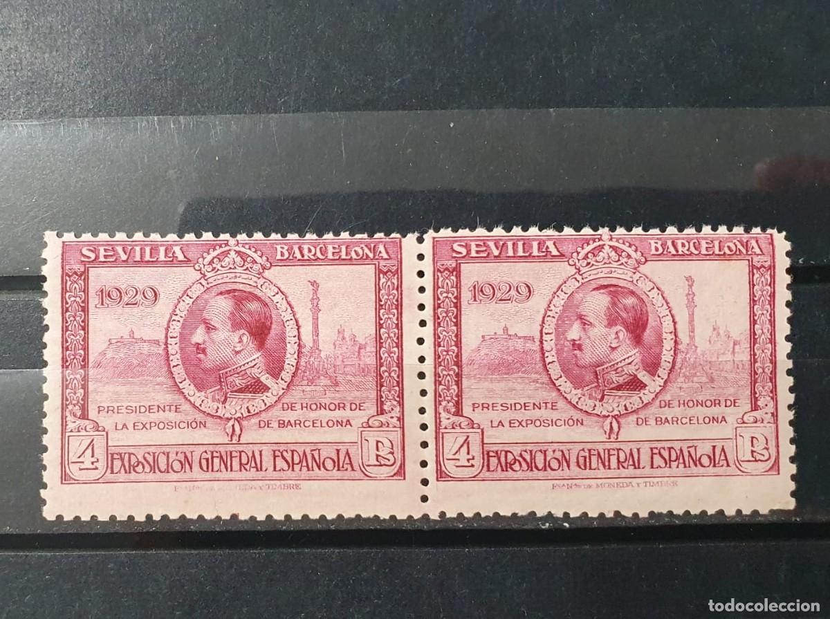 Sellos: EDIFIL 445 ** EN PAREJA LILA ROSACEO 4 PESETAS ESPA&Ntilde;A 1929