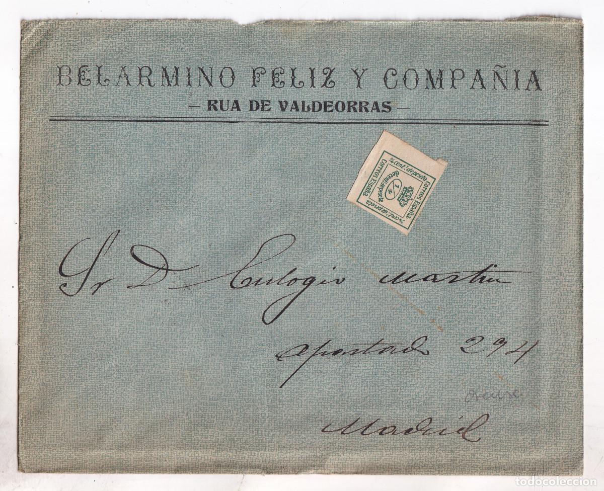 Sellos: SOBRE CON LA CARTA. R&Uacute;A DE VALDEORRAS. ORENSE. OURENSE. 1909. PUBLICIDAD AL DORSO. GALICIA