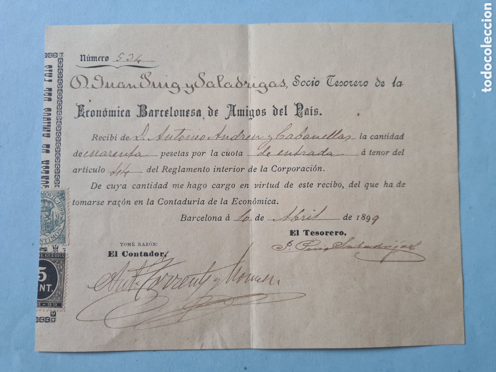 Sellos: FILATELIA FISCAL - RECIBO CUOTA SOCIO ECONOMICA BARCELONESA DE AMIGOS DEL PAIS BARCELONA 1889