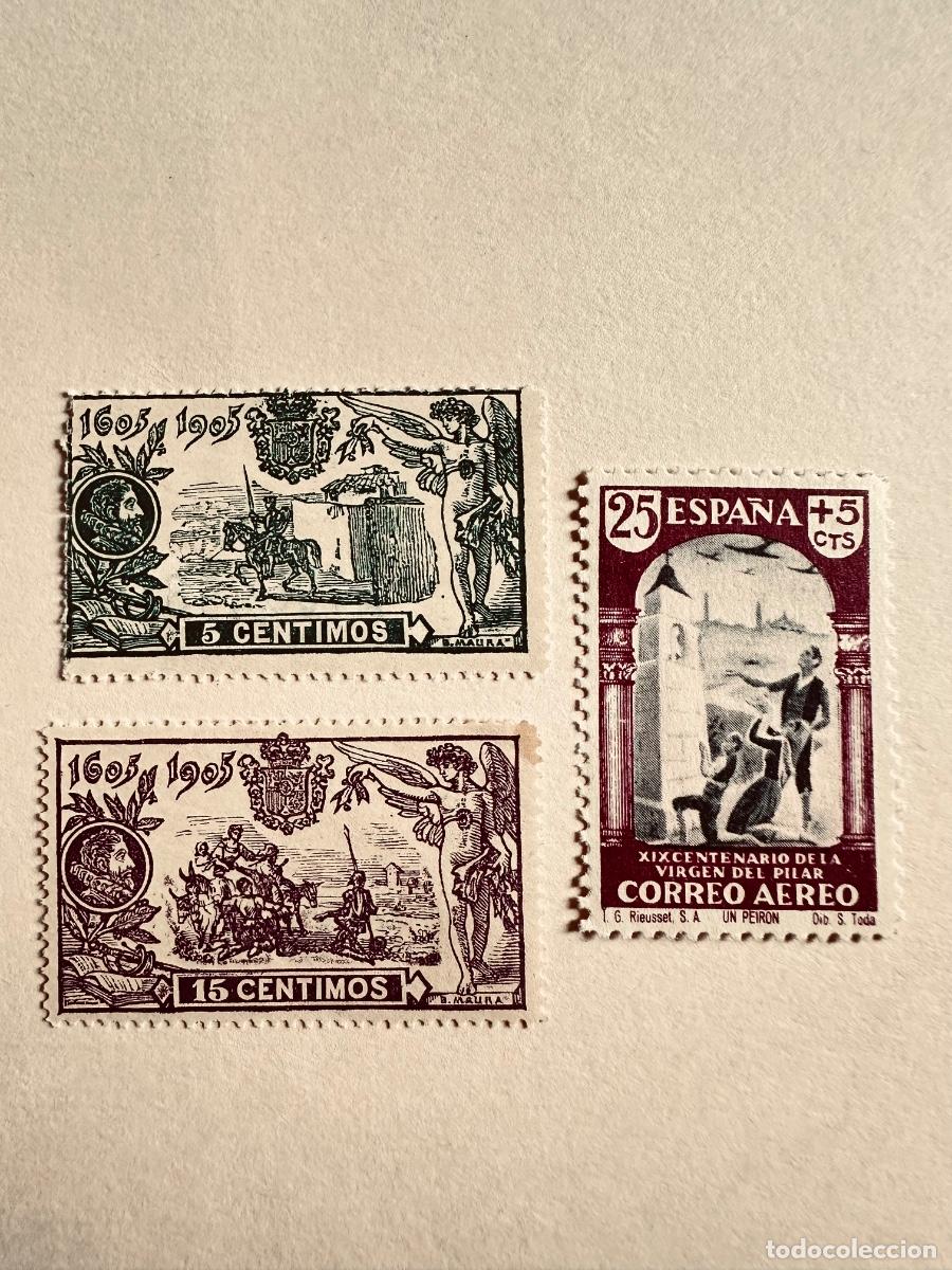 Sellos: Espa&ntilde;a - Lote 3 Sellos Nuevos MNH - Quijote 1905 (5c/15c) y Virgen del Pilar 1939