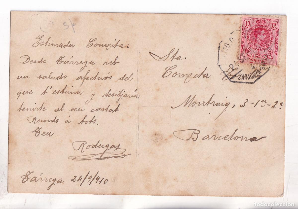 Sellos: POSTAL. T&Aacute;RREGA. LLEIDA. A BARCELONA. AMBULANTE ZARAGOZA. 1910