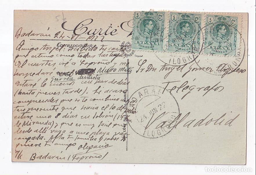 Sellos: POSTAL. BADAR&Aacute;N. LA RIOJA. 1922. A TEL&Eacute;GRAFOS. VALLADOLID