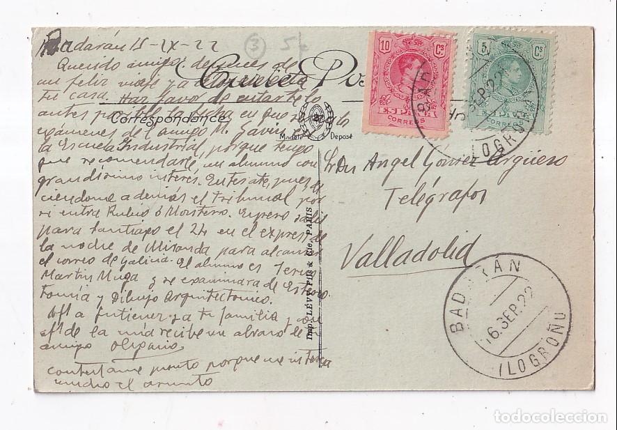 Sellos: POSTAL. BADAR&Aacute;N. LA RIOJA. 1922. A TEL&Eacute;GRAFOS. VALLADOLID