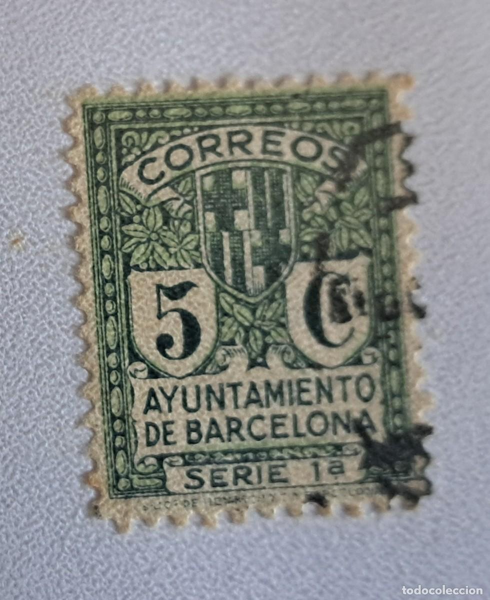 Sellos: sello de Espa&ntilde;a usado, ayuntamiento de Barcelona, 5 ctos. serie 1&ordf;.