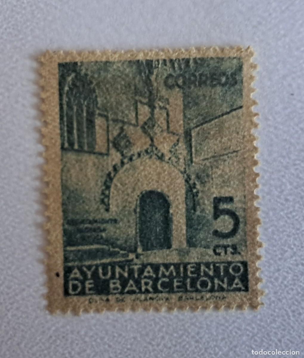 Sellos: sello de Espa&ntilde;a usado, ayuntamiento de Barcelona, 5 ctos.
