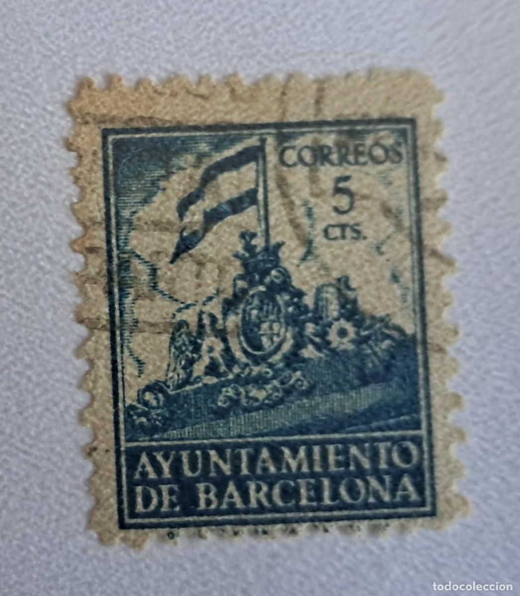 Sellos: sello de Espa&ntilde;a usado, ayuntamiento de Barcelona, 5 ctos.