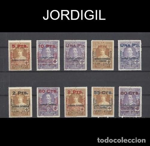 Briefmarken: Edifil 392/401 serie completa SIN FIJA SELLOS AUTENTICOS CRUZ ROJA COLONIAS Espa&ntilde;a 1927