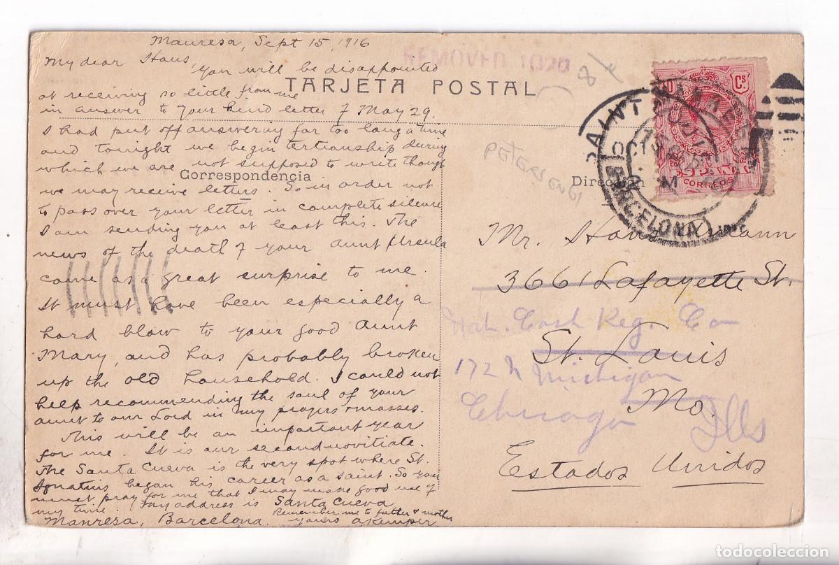 Sellos: POSTAL MANRESA. BARCELONA. 1916. A ESTADOS UNIDOS. REECPEDIDA