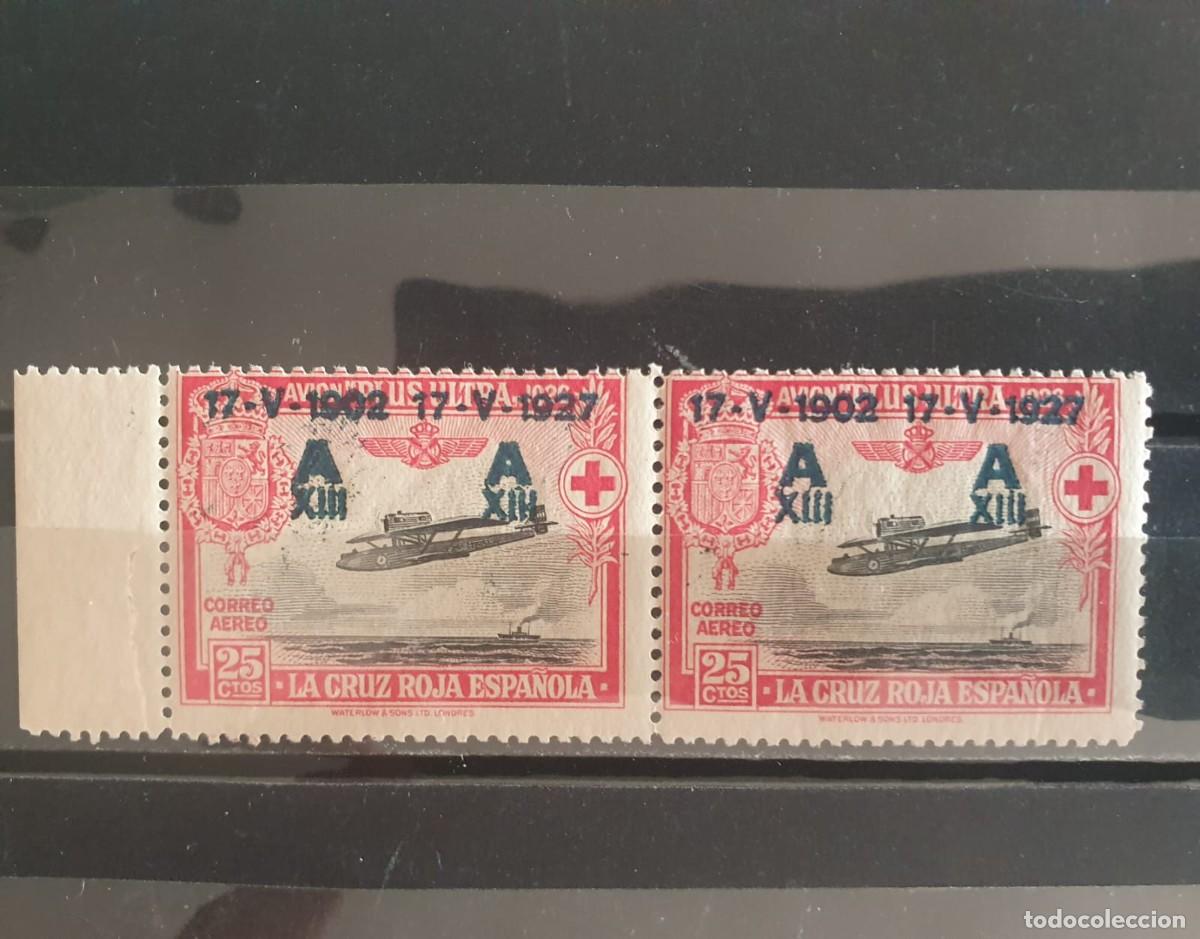 Sellos: EDIFIL 367 ** pareja BORDE HOJA CRUZ ROJA ESPA&Ntilde;A 1927