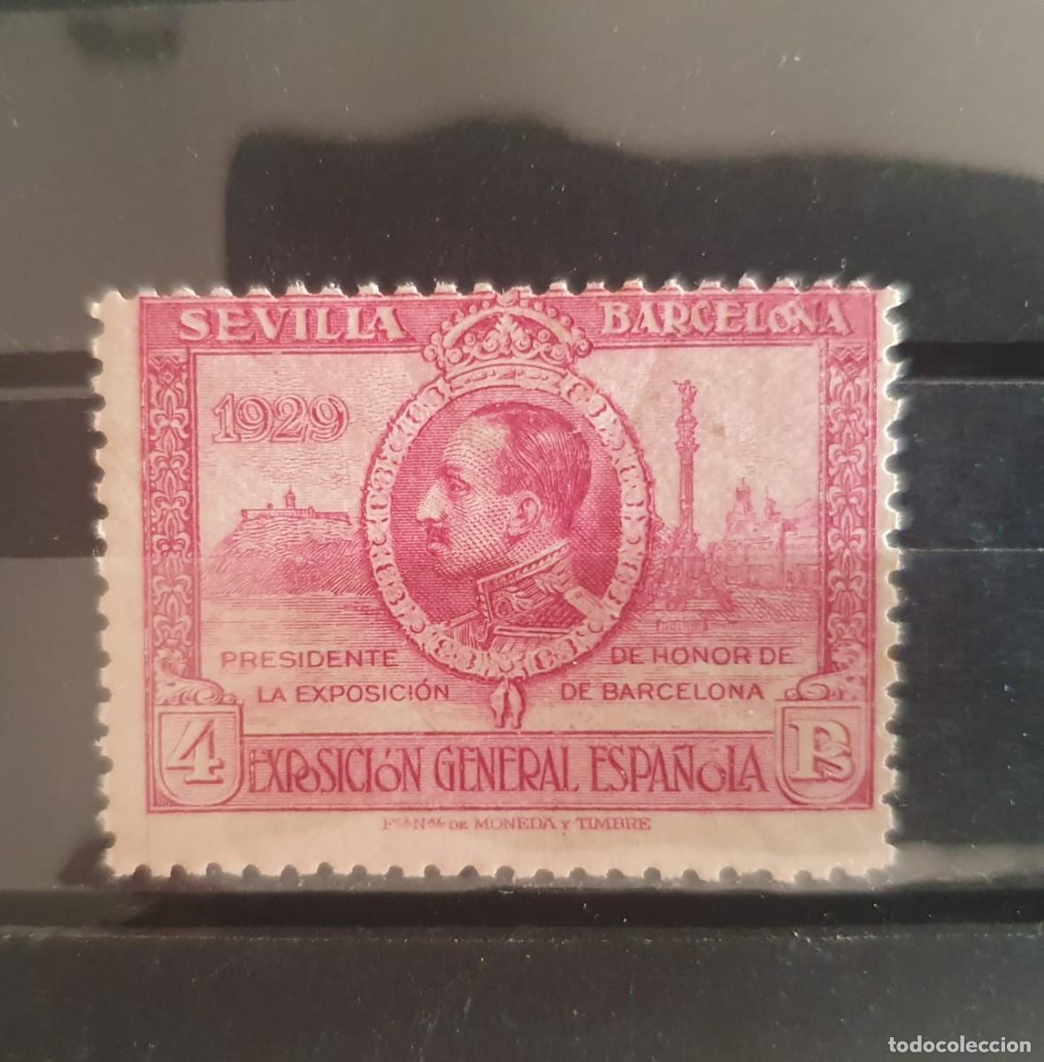 Sellos: EDIFIL 445 ** LILA ROSACEO 4 PESETAS ESPA&Ntilde;A 1929