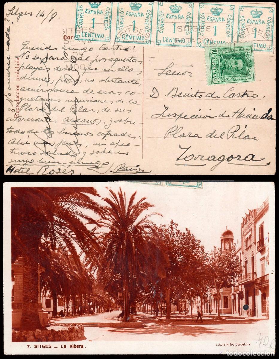 Sellos: Barcelona - Edi o TP 314+291(5) - Postal &rdquo;Sitges - La Ribera&rdquo; - Mat rodillo &rdquo;Sitges 14/8/28 - Playa&rdquo;