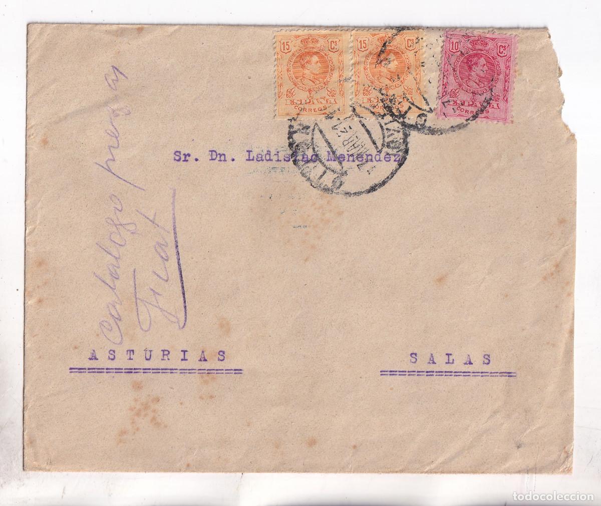 Sellos: SOBRE. GIJ&Oacute;N. ASTURIAS. 1921. A SALAS. LLEGADA. FRANQUEO BICOLOR