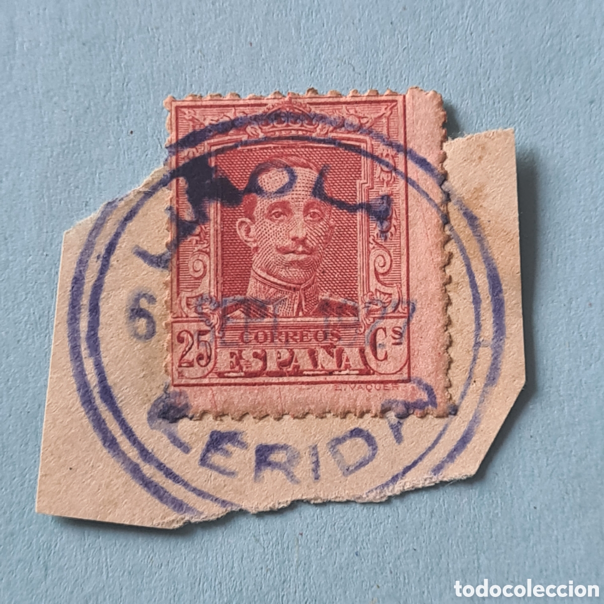 Sellos: CARTERIA ESPECIAL - LI&Ntilde;OLA (LERIDA) - FRAGMENTO MARCA COMPLETA - A. XIII VAQUER 25 CTS. EDIFIL 317