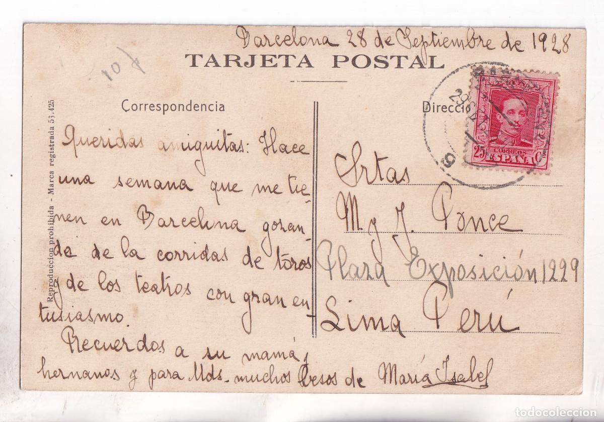 Sellos: POSTAL BARCELONA. 1928. VAQUER. A LIMA. PER&Uacute;