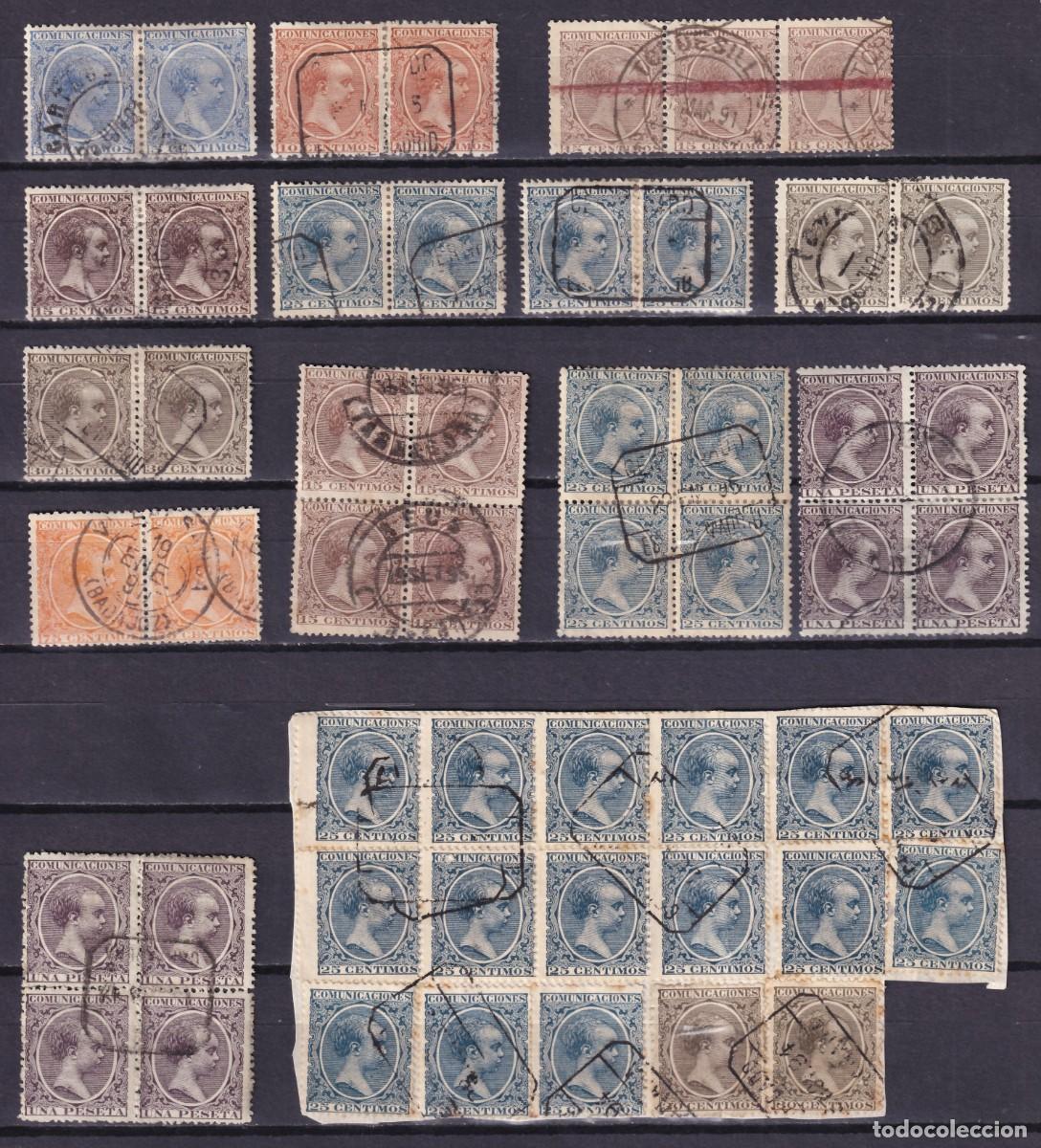 Sellos: ESPA&Ntilde;A, 1889-1901 Conjunto de parejas y bloques, distintos valores, Tipo Pel&oacute;n
